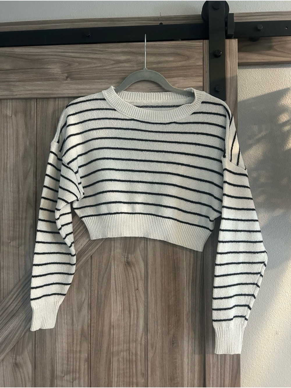 SHEIN Cream Cropped Crewneck Sweater with Black Stripes Size Small